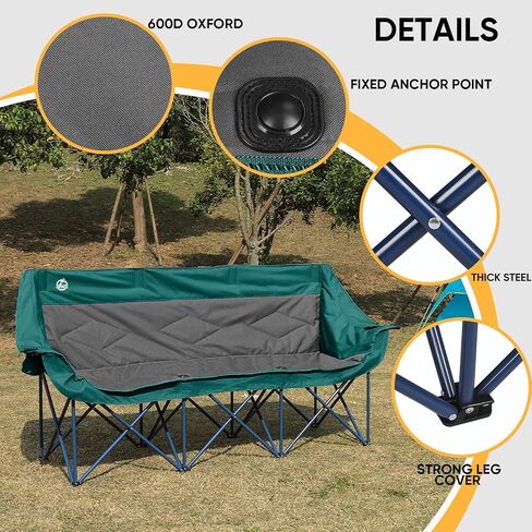 Northroad 3 Person Camping Chair Oversized 900 Lbs Outdoor Lawn Loveseat Chair Padded Folding Chairs for Adults Heavy Duty Soccer Chair w/Cup & Wine Glass Holder for Outside Picnic, Beach, Sports in Saudi Arabia