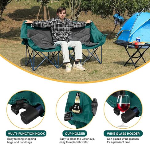 Northroad 3 Person Camping Chair Oversized 900 Lbs Outdoor Lawn Loveseat Chair Padded Folding Chairs for Adults Heavy Duty Soccer Chair w/Cup & Wine Glass Holder for Outside Picnic, Beach, Sports in Saudi Arabia