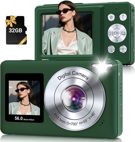 Digital Camera, 56MP 2.7K Dual-Screen Selfie Camera with 16X Zoom, 20 Filters & Anti-Shake, Portable Point and Shoot Digital Cameras with 32GB Card, Compact Travel Cameras for Beginners Teens Kids in Kuwait