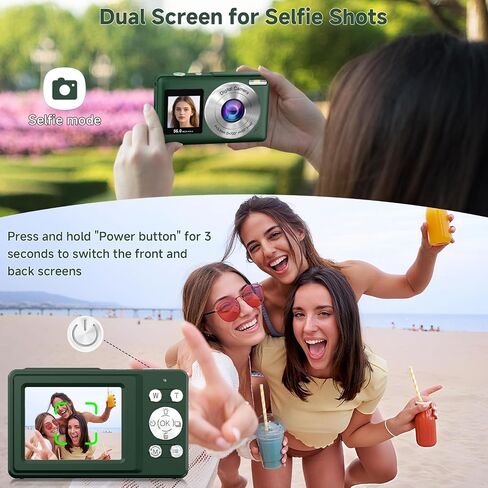 Digital Camera, 56MP 2.7K Dual-Screen Selfie Camera with 16X Zoom, 20 Filters & Anti-Shake, Portable Point and Shoot Digital Cameras with 32GB Card, Compact Travel Cameras for Beginners Teens Kids in Kuwait