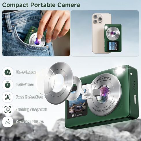 Digital Camera, 56MP 2.7K Dual-Screen Selfie Camera with 16X Zoom, 20 Filters & Anti-Shake, Portable Point and Shoot Digital Cameras with 32GB Card, Compact Travel Cameras for Beginners Teens Kids in Kuwait