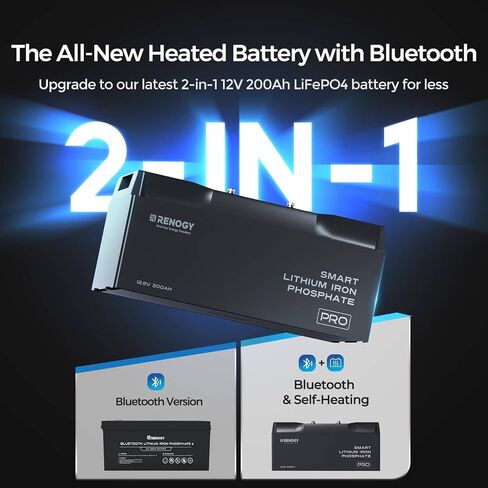 Renogy 12V 200Ah Bluetooth Self-Heating Lithium LiFePO4 Deep Cycle Battery, 5000+Deep Cycles, dust-Proof IP67, Backup Power for RV, Cabin, and Marine Applications-Pro Series in Kuwait