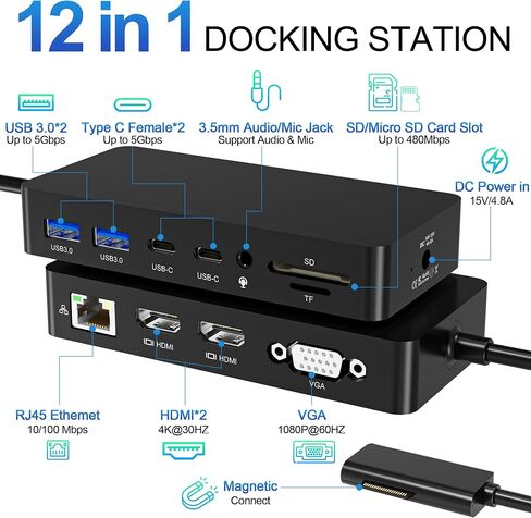 Surface Dock, 12-in-1 Triple Displays VGA +Dual HDMI Surface Pro Dock, Surface Docking Station for Surface Pro 11/10/9/8/X/7/6/5/4/3, Surface Book, Surface Go, Surface Laptop Dock in Kuwait