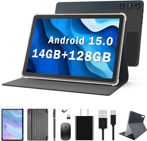 KADYBE Android 14 Tablet 10 بوصة 128 جيجابايت تخزين 1 تيرابايت قابلة للتوسيع 14 جيجابايت (8 + 6) ذاكرة الوصول العشوائي، 4G Sim Slot Tablet مع لوحة مفاتيح 7000 مللي أمبير تدعم 5G WiFi Bluetooth 5.0 GPS، معالج ثماني النواة، شاشة FHD IPS in Kuwait