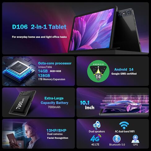KADYBE Android 14 Tablet 10 بوصة 128 جيجابايت تخزين 1 تيرابايت قابلة للتوسيع 14 جيجابايت (8 + 6) ذاكرة الوصول العشوائي، 4G Sim Slot Tablet مع لوحة مفاتيح 7000 مللي أمبير تدعم 5G WiFi Bluetooth 5.0 GPS، معالج ثماني النواة، شاشة FHD IPS in Kuwait