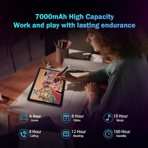 KADYBE Android 14 Tablet 10 بوصة 128 جيجابايت تخزين 1 تيرابايت قابلة للتوسيع 14 جيجابايت (8 + 6) ذاكرة الوصول العشوائي، 4G Sim Slot Tablet مع لوحة مفاتيح 7000 مللي أمبير تدعم 5G WiFi Bluetooth 5.0 GPS، معالج ثماني النواة، شاشة FHD IPS in Kuwait