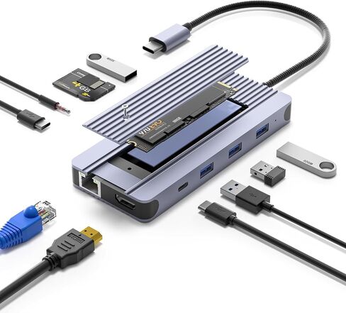 12-in-1 USB-C Hub with 10Gbps M.2 NVMe/SATA SSD Enclosure, Support 4K@60Hz HDMI,100W PD,SD/TF Card Reader,1Gbps RJ45,3 5Gbps USB 3.0,5Gbps USB-C DATA,48kHz Audio Compatible with MacBook Pro/Air/Lenovo in Kuwait