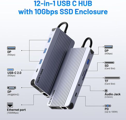 12-in-1 USB-C Hub with 10Gbps M.2 NVMe/SATA SSD Enclosure, Support 4K@60Hz HDMI,100W PD,SD/TF Card Reader,1Gbps RJ45,3 5Gbps USB 3.0,5Gbps USB-C DATA,48kHz Audio Compatible with MacBook Pro/Air/Lenovo in Kuwait