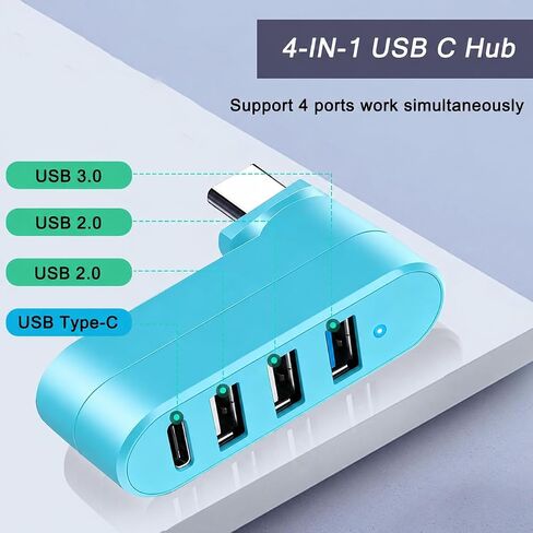 VIENON 4-Port USB C Hub [90°/180° Degree Rotatable], USB C Adapter Splitter with PD-in 5W Port, USB Extender for MacBook, iMac, Surface, and More C Port Laptop(Not for Car)-Blue in Saudi Arabia