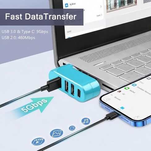 VIENON 4-Port USB C Hub [90°/180° Degree Rotatable], USB C Adapter Splitter with PD-in 5W Port, USB Extender for MacBook, iMac, Surface, and More C Port Laptop(Not for Car)-Blue in Saudi Arabia