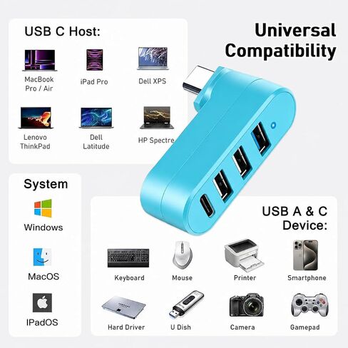 VIENON 4-Port USB C Hub [90°/180° Degree Rotatable], USB C Adapter Splitter with PD-in 5W Port, USB Extender for MacBook, iMac, Surface, and More C Port Laptop(Not for Car)-Blue in Saudi Arabia