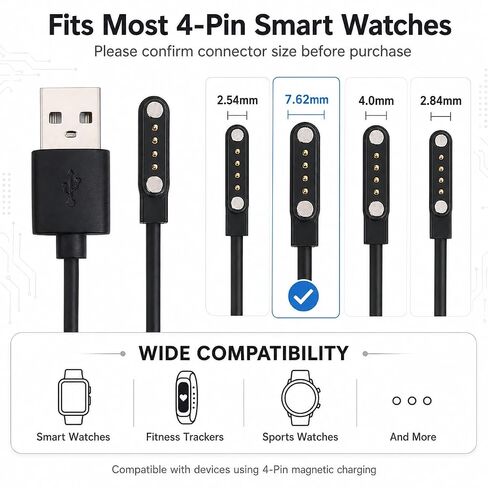 Black Magnetic USB Charging Cable, 4 Pin Smart Watch Charger for Most Watches in Kuwait