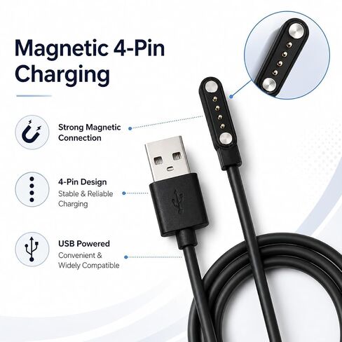Black Magnetic USB Charging Cable, 4 Pin Smart Watch Charger for Most Watches in Kuwait