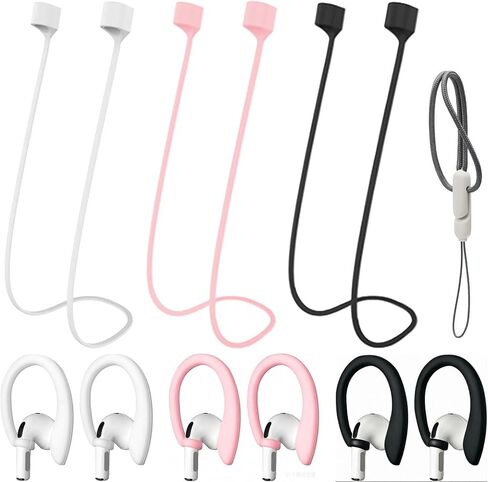 (3 Straps + 6 Earhook+1 Lanyard) Ultra Strong Magnetic AirPods Straps,Anti-Lost Cord for 4rd Pro 1st 2nd 3rd AirPods 1st 2nd Silicone Sports Lanyard and Ear Hook (3white+3pink+3black+1gray) in Saudi Arabia