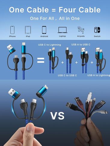 XUDUO 4 in 1 Charging Cable Fast USB C Cable Type C Charger 60W Lightning Cable Adapter USB C to USB C Cable for iPad Charger Fast Multi Charging Cord Fits iPhone 16 15/15 Pro/15 Plus/14 Pro Max,6FT in Kuwait