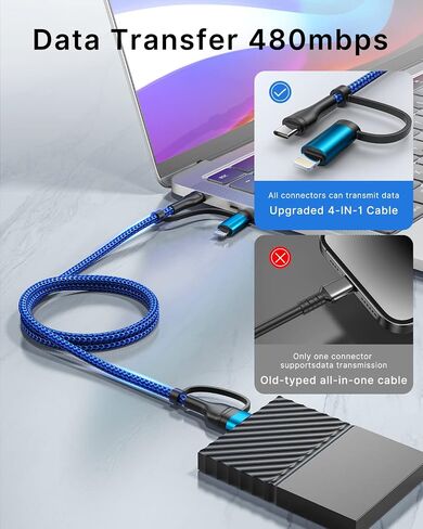 XUDUO 4 in 1 Charging Cable Fast USB C Cable Type C Charger 60W Lightning Cable Adapter USB C to USB C Cable for iPad Charger Fast Multi Charging Cord Fits iPhone 16 15/15 Pro/15 Plus/14 Pro Max,6FT in Kuwait