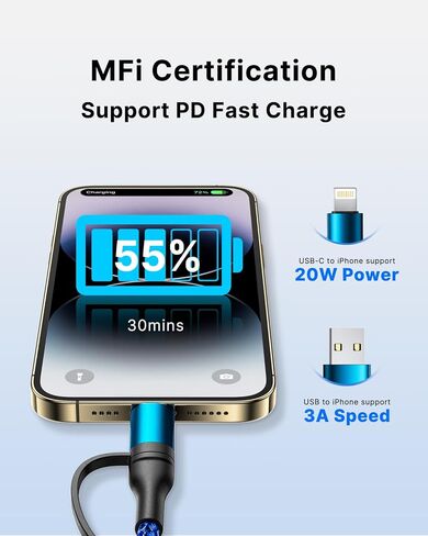 XUDUO 4 in 1 Charging Cable Fast USB C Cable Type C Charger 60W Lightning Cable Adapter USB C to USB C Cable for iPad Charger Fast Multi Charging Cord Fits iPhone 16 15/15 Pro/15 Plus/14 Pro Max,6FT in Kuwait