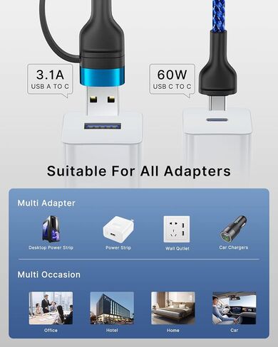 XUDUO 4 in 1 Charging Cable Fast USB C Cable Type C Charger 60W Lightning Cable Adapter USB C to USB C Cable for iPad Charger Fast Multi Charging Cord Fits iPhone 16 15/15 Pro/15 Plus/14 Pro Max,6FT in Kuwait