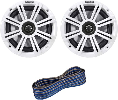 1 Pair (Qty 2) of Kicker 6.5" 2-Way 195 Watts Max Power Coaxial Marine Audio Speakers with White Grilles, 50 Feet 16-Gauge Speaker Wire in Saudi Arabia
