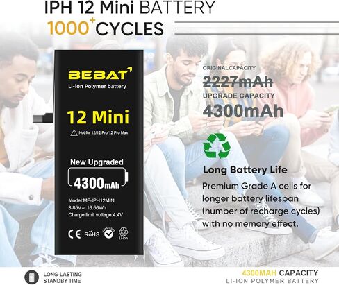 Replacement for iPhone 12 MINI Battery, 4300mAh High Capacity Li-ion Polymer Replacement Battery for Model A2399 A2400 A2398 A2176 with Professional Repair Tool Kits in Kuwait