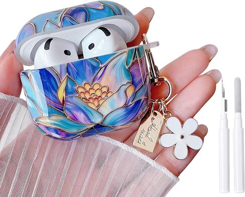 MINSCOSE for AirPods 4 Case,Cute Stained Glass Floral Pattern Girly Design with Keychain,Soft TPU Protective Shockproof Cover with Cleaner Kit for Girls Women for AirPods 4-Sakura in Kuwait