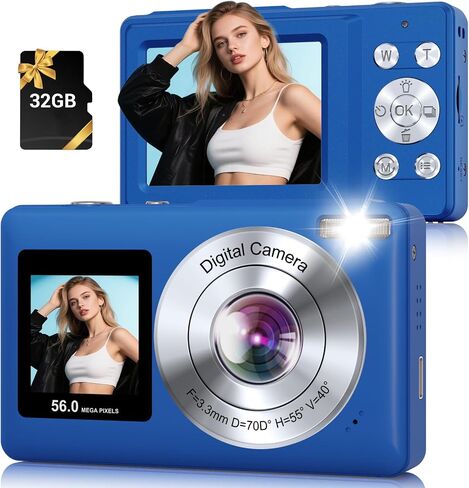 Digital Camera, 56MP 2.7K Dual-Screen Selfie Camera with 16X Zoom, 20 Filters & Anti-Shake, Portable Point and Shoot Digital Cameras with 32GB Card, Compact Travel Cameras for Beginners Teens Kids in Kuwait