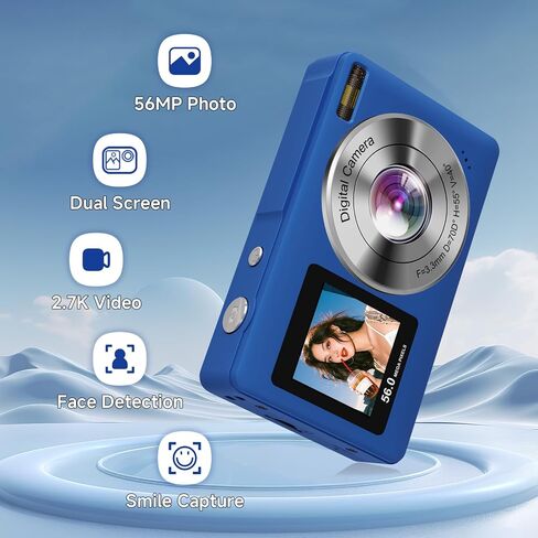 Digital Camera, 56MP 2.7K Dual-Screen Selfie Camera with 16X Zoom, 20 Filters & Anti-Shake, Portable Point and Shoot Digital Cameras with 32GB Card, Compact Travel Cameras for Beginners Teens Kids in Kuwait