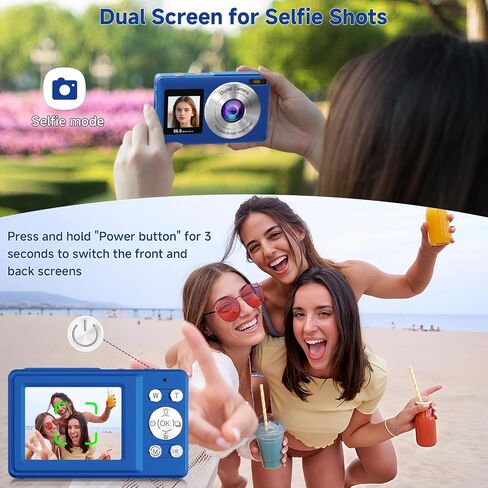 Digital Camera, 56MP 2.7K Dual-Screen Selfie Camera with 16X Zoom, 20 Filters & Anti-Shake, Portable Point and Shoot Digital Cameras with 32GB Card, Compact Travel Cameras for Beginners Teens Kids in Kuwait