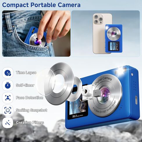 Digital Camera, 56MP 2.7K Dual-Screen Selfie Camera with 16X Zoom, 20 Filters & Anti-Shake, Portable Point and Shoot Digital Cameras with 32GB Card, Compact Travel Cameras for Beginners Teens Kids in Kuwait