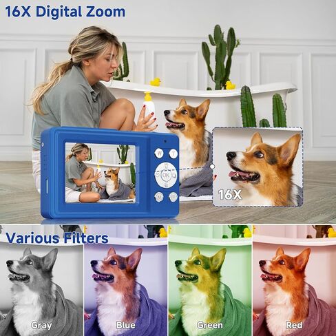 Digital Camera, 56MP 2.7K Dual-Screen Selfie Camera with 16X Zoom, 20 Filters & Anti-Shake, Portable Point and Shoot Digital Cameras with 32GB Card, Compact Travel Cameras for Beginners Teens Kids in Kuwait