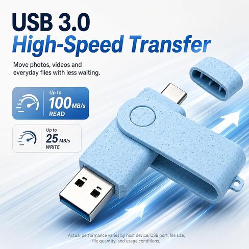 JBOS 128GB USB 3.0 USB-C Flash Drive, Dual Type-A and Type-C OTG, Sky Blue in Saudi Arabia