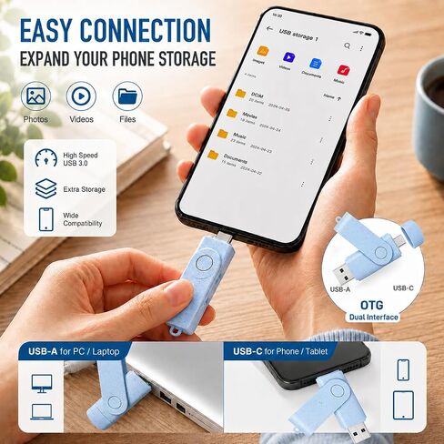JBOS 128GB USB 3.0 USB-C Flash Drive, Dual Type-A and Type-C OTG, Sky Blue in Saudi Arabia
