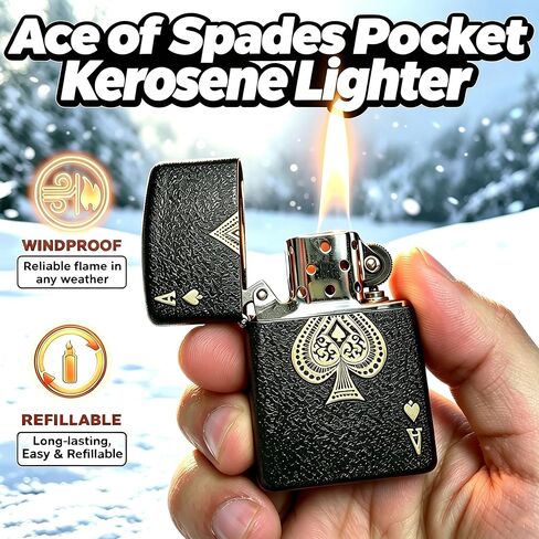 ولاعة الكيروسين للجيب من Ace of Spades، ولاعات لهب ناعمة عتيقة مع ختم وقود مطاطي، ولاعة معدنية مقاومة للرياح فريدة من نوعها قابلة لإعادة الملء، جزء خارجي من النحاس المصنفر، هدايا عيد ميلاد للرجال (بدون وقود) in Kuwait