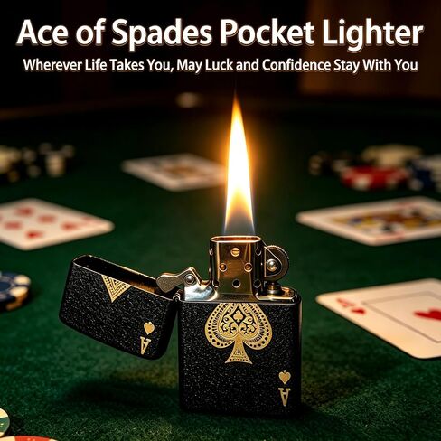 ولاعة الكيروسين للجيب من Ace of Spades، ولاعات لهب ناعمة عتيقة مع ختم وقود مطاطي، ولاعة معدنية مقاومة للرياح فريدة من نوعها قابلة لإعادة الملء، جزء خارجي من النحاس المصنفر، هدايا عيد ميلاد للرجال (بدون وقود) in Kuwait