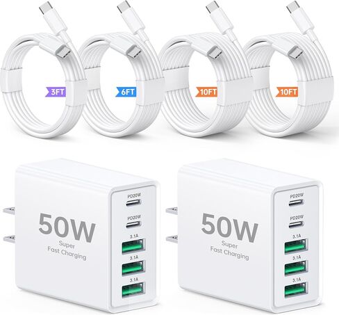 شاحن حائط USB C بقوة 50 وات، كتلة شحن سريعة 5 منافذ PD مع كابلات USB C 3/6/10/10FT، محول طاقة متعدد المنافذ من النوع C لهاتف iPhone 17/16/15/14/13 Pro Max وiPad وSwitch وSamsung Galaxy S26/S25 Ultra in Kuwait