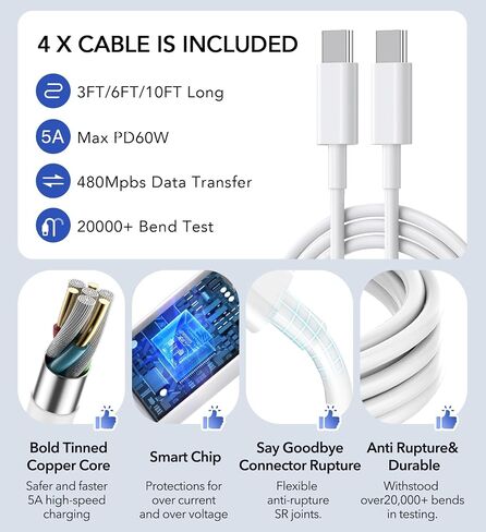 شاحن حائط USB C بقوة 50 وات، كتلة شحن سريعة 5 منافذ PD مع كابلات USB C 3/6/10/10FT، محول طاقة متعدد المنافذ من النوع C لهاتف iPhone 17/16/15/14/13 Pro Max وiPad وSwitch وSamsung Galaxy S26/S25 Ultra in Kuwait
