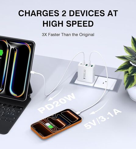 شاحن حائط USB C بقوة 50 وات، كتلة شحن سريعة 5 منافذ PD مع كابلات USB C 3/6/10/10FT، محول طاقة متعدد المنافذ من النوع C لهاتف iPhone 17/16/15/14/13 Pro Max وiPad وSwitch وSamsung Galaxy S26/S25 Ultra in Kuwait