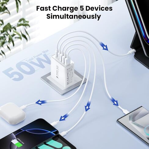 شاحن حائط USB C بقوة 50 وات، كتلة شحن سريعة 5 منافذ PD مع كابلات USB C 3/6/10/10FT، محول طاقة متعدد المنافذ من النوع C لهاتف iPhone 17/16/15/14/13 Pro Max وiPad وSwitch وSamsung Galaxy S26/S25 Ultra in Kuwait