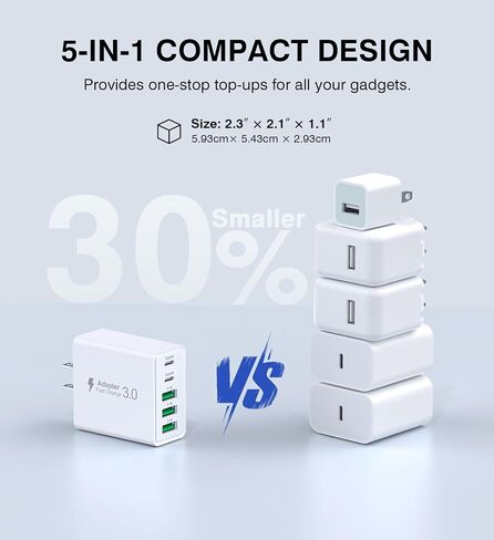 شاحن حائط USB C بقوة 50 وات، كتلة شحن سريعة 5 منافذ PD مع كابلات USB C 3/6/10/10FT، محول طاقة متعدد المنافذ من النوع C لهاتف iPhone 17/16/15/14/13 Pro Max وiPad وSwitch وSamsung Galaxy S26/S25 Ultra in Kuwait