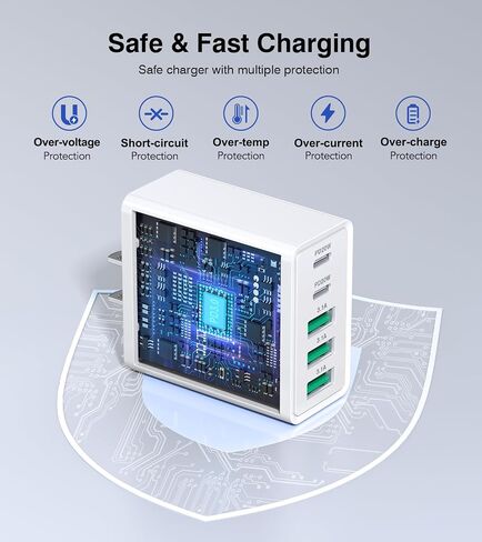 شاحن حائط USB C بقوة 50 وات، كتلة شحن سريعة 5 منافذ PD مع كابلات USB C 3/6/10/10FT، محول طاقة متعدد المنافذ من النوع C لهاتف iPhone 17/16/15/14/13 Pro Max وiPad وSwitch وSamsung Galaxy S26/S25 Ultra in Kuwait