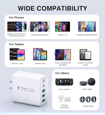 شاحن حائط USB C بقوة 50 وات، كتلة شحن سريعة 5 منافذ PD مع كابلات USB C 3/6/10/10FT، محول طاقة متعدد المنافذ من النوع C لهاتف iPhone 17/16/15/14/13 Pro Max وiPad وSwitch وSamsung Galaxy S26/S25 Ultra in Kuwait