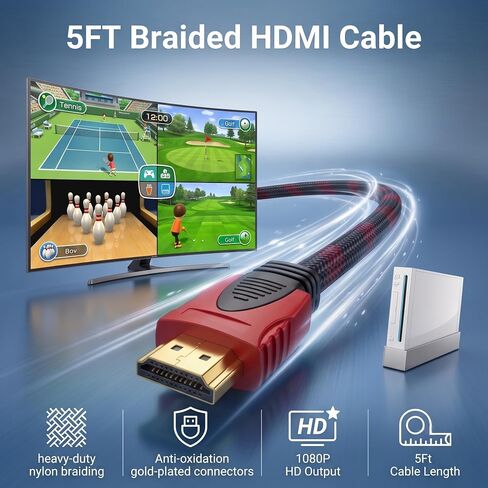 مجموعة ملحقات وي 4 في 1 مع محول HDMI وشريط مستشعر حركة سلكي وسلك طاقة وكابل بطول 10 أقدام، مجموعة كابلات بديلة كاملة متوافقة مع وحدة تحكم نينتندو in Kuwait