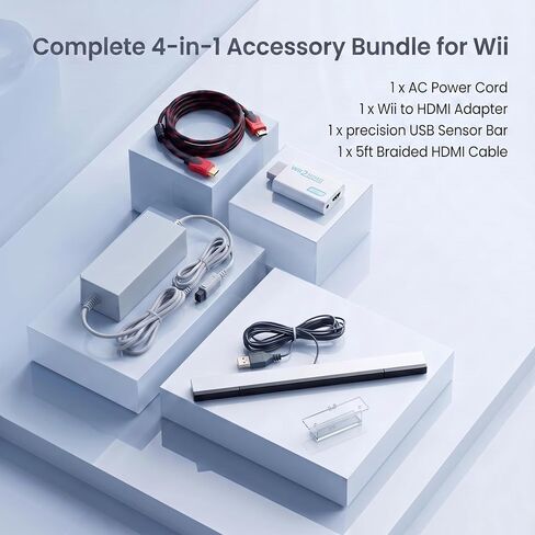 مجموعة ملحقات وي 4 في 1 مع محول HDMI وشريط مستشعر حركة سلكي وسلك طاقة وكابل بطول 10 أقدام، مجموعة كابلات بديلة كاملة متوافقة مع وحدة تحكم نينتندو in Kuwait