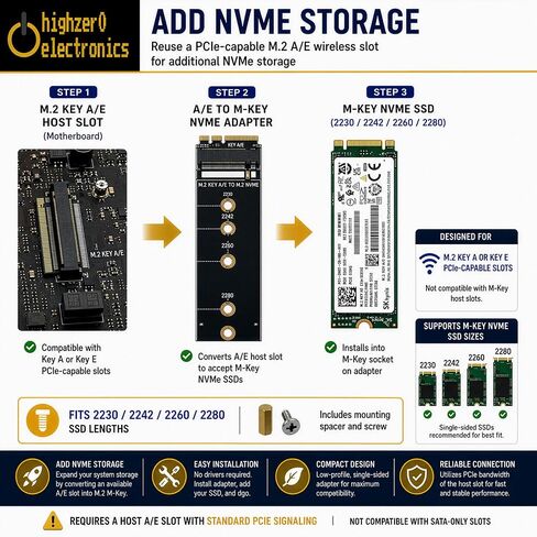 M.2 Key A+E to M-Key NVMe SSD Adapter | PCIe x1 | 2230 2242 2260 2280 SSD in Kuwait