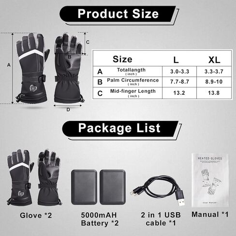 Heated Gloves, Rechargeable Electric Winter Leather Gloves with 3-Heat Settings, Waterproof & Windproof, Hand Warmer for Skiing Hiking Camping, Size XL in Kuwait