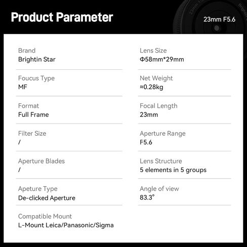Brightin Star 23mm F5.6 Full Frame Pancake Street Human Photography Manual Focus Mirrorless Camera Lens, Fit for Sony ZV-E10, A7IV, A6400, A7II, A7SIII, A7III, A7C, A6600, A6100, A7RIV, A6000, A7RIII in Kuwait
