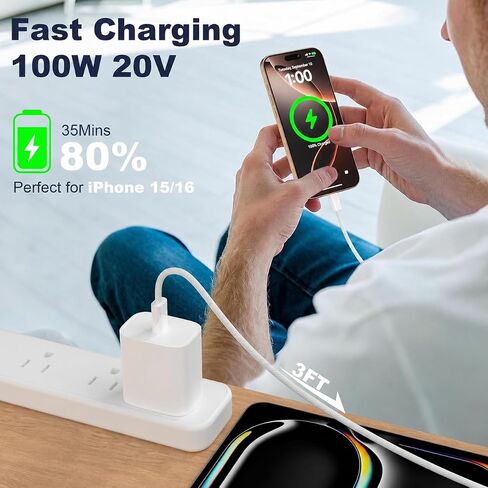 100W USB C to USB C Fast Charger Cable 10 FT + 10FT for iPhone 17 16 15 17e in Kuwait