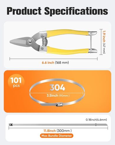 Heavy Duty 304 Stainless Steel Zip Ties Kit, 101PCS 11.8in Heavy Duty Self-Locking Metal Cable Ties with Cutting Scissors, UV Corrosion Resistant for Fence, Exhaust, Farm, Automotive in Kuwait