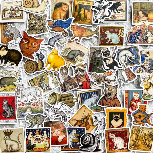 50pcs Medieval Ugly Cat Stickers – Vintage Gothic Manuscript Funny Kitty Decals, Waterproof Vinyl Stickers for Scrapbook, Laptop, Journal, Aesthetic Weird Cat Lovers Gifts in Saudi Arabia