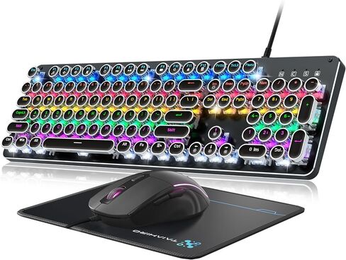 Typewriter Mechanical Gaming Keyboard and Mouse, Metal Panel Retro Keyboards with Round Keycap Blue Switch, Rainbow LED Backlit 104-Key Anti-Ghost Wired Mouse and Pad Combo for PC Laptop Mac Gamer in Saudi Arabia